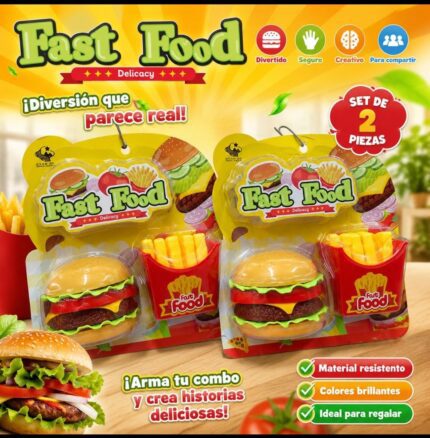 Set de comida con hamburguesa y papas fritas encastrables.