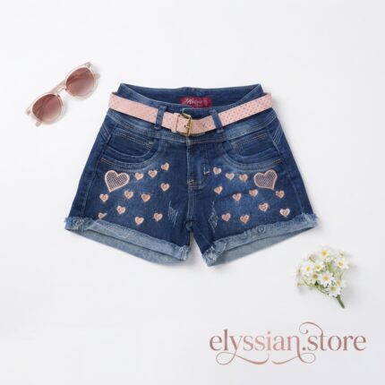 Short Jean con Bordado de Corazones y Correa para Niña–Sku: M8-9A-N009