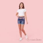 Short Jean con Lazos Bordados y Correa para Niña–Sku: M13-14A-N007 - Imagen 2