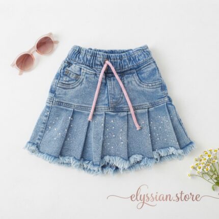 Falda Short Jean con Plisados y Pedrería para Niña-Sku: M3-4A-N012